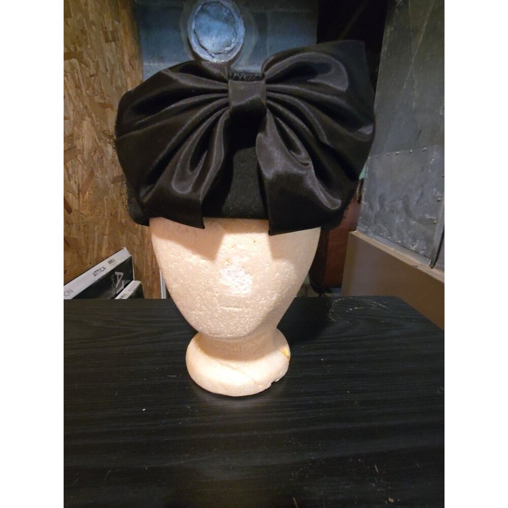 Vintage Lancaster Black Wool Pillbox Hat Large Satin Bow Net Veil